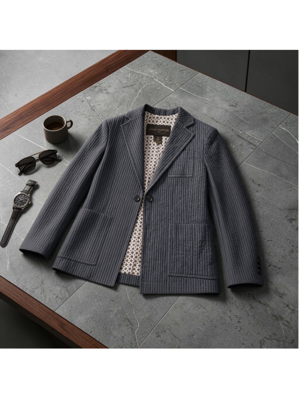 Louis Vuitton Quilted Pinstripe Blazer Jacket Gray US 10 Authentic France Coat